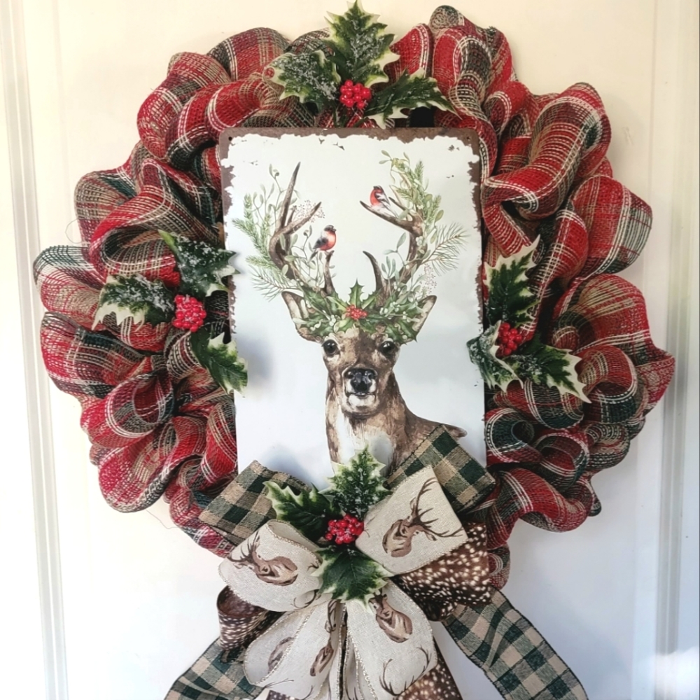 Winter Deer Buck Wreath Deco Mesh Bow Winter - Picture 2 of 11